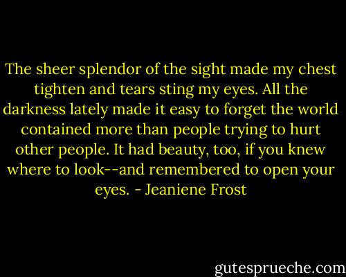 The sheer splendor of the sight made my chest tighten and tears sting my eyes. All the darkness lately made it easy to forget the world contained more than people trying to hurt other people. It had beauty, too, if you knew where to look--and remembered to open your eyes. - Jeaniene Frost