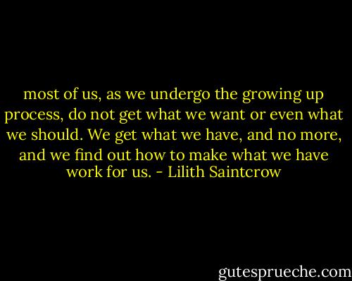 most of us, as we undergo the growing up process, do not get what we want or even what we should. We get what we have, and no more, and we find out how to make what we have work for us. - Lilith Saintcrow