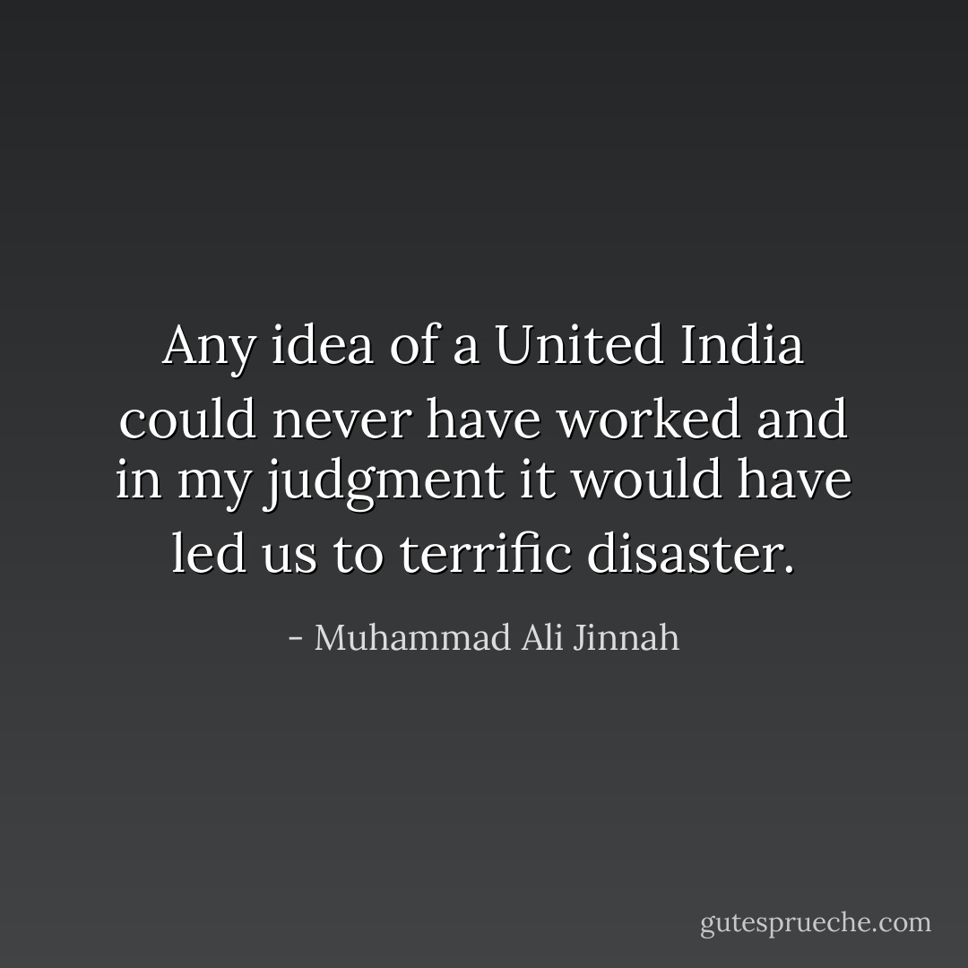 Any idea of a United India could never have worked and in my judgment it would have led us to terrific disaster. - Muhammad Ali Jinnah