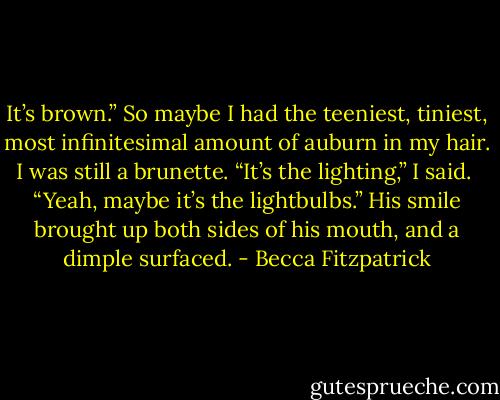 It’s brown.” So maybe I had the teeniest, tiniest, most infinitesimal amount of auburn in my hair. I was still a brunette. “It’s the lighting,” I said.<br /><br />“Yeah, maybe it’s the lightbulbs.” His smile brought up both sides of his mouth, and a dimple surfaced. - Becca Fitzpatrick