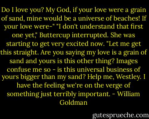 Do I love you? My God, if your love were a grain of sand, mine would be a universe of beaches! If your love were-"<br />"I don't understand that first one yet," Buttercup interrupted. She was starting to get very excited now. "Let me get this straight. Are you saying my love is a grain of sand and yours is this other thing? Images confuse me so - is this universal business of yours bigger than my sand? Help me, Westley. I have the feeling we're on the verge of something just terribly important. - William Goldman