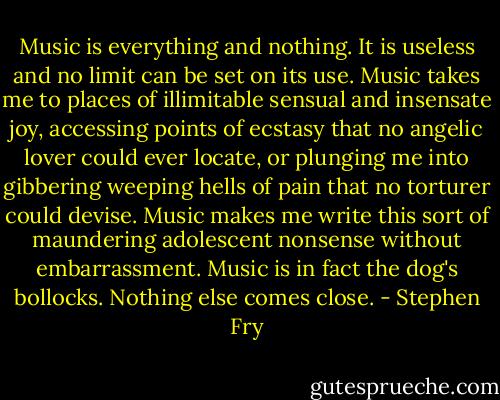 Music is everything and nothing. It is useless and no limit can be set on its use. Music takes me to places of illimitable sensual and insensate joy, accessing points of ecstasy that no angelic lover could ever locate, or plunging me into gibbering weeping hells of pain that no torturer could devise. Music makes me write this sort of maundering adolescent nonsense without embarrassment. Music is in fact the dog's bollocks. Nothing else comes close. - Stephen Fry