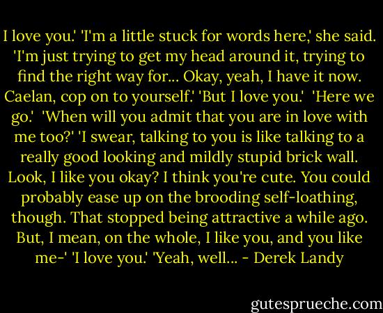 I love you.'<br />'I'm a little stuck for words here,' she said. 'I'm just trying to get my head around it, trying to find the right way for... Okay, yeah, I have it now. Caelan, cop on to yourself.'<br />'But I love you.' <br />'Here we go.' <br />'When will you admit that you are in love with me too?'<br />'I swear, talking to you is like talking to a really good looking and mildly stupid brick wall. Look, I like you okay? I think you're cute. You could probably ease up on the brooding self-loathing, though. That stopped being attractive a while ago. But, I mean, on the whole, I like you, and you like me-'<br />'I love you.'<br />'Yeah, well... - Derek Landy