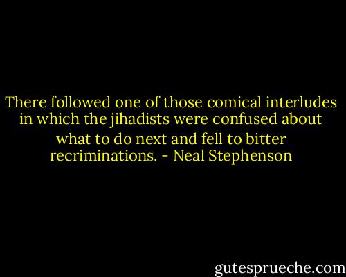 There followed one of those comical interludes in which the jihadists were confused about what to do next and fell to bitter recriminations. - Neal Stephenson