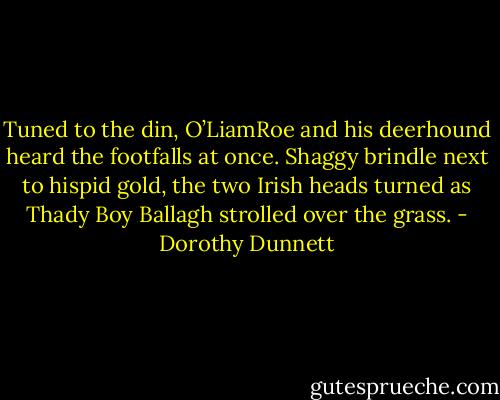Tuned to the din, O’LiamRoe and his deerhound heard the footfalls at once. Shaggy brindle next to hispid gold, the two Irish heads turned as Thady Boy Ballagh strolled over the grass. - Dorothy Dunnett