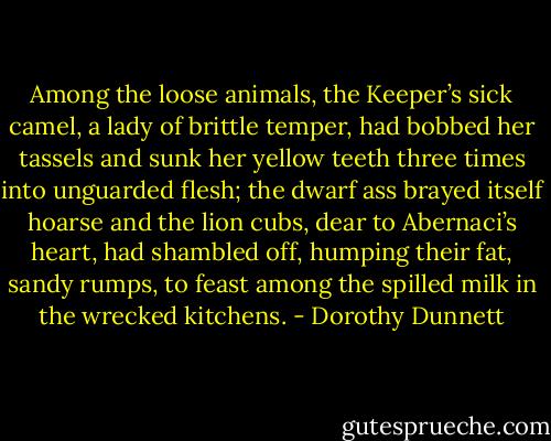 Among the loose animals, the Keeper’s sick camel, a lady of brittle temper, had bobbed her tassels and sunk her yellow teeth three times into unguarded flesh; the dwarf ass brayed itself hoarse and the lion cubs, dear to Abernaci’s heart, had shambled off, humping their fat, sandy rumps, to feast among the spilled milk in the wrecked kitchens. - Dorothy Dunnett