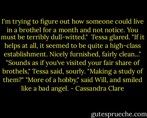 I'm trying to figure out how someone could live in a brothel for a month and not notice. You must be terribly dull-witted." <br />Tessa glared.<br />"If it helps at all, it seemed to be quite a high-class establishment. Nicely furnished, fairly clean..."<br />"Sounds as if you've visited your fair share of brothels," Tessa said, sourly. "Making a study of them?"<br />"More of a hobby," said Will, and smiled like a bad angel. - Cassandra Clare