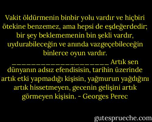 Vakit öldürmenin binbir yolu vardır ve hiçbiri ötekine benzemez, ama hepsi de eşdeğerdedir; bir şey beklememenin bin şekli vardır, uydurabileceğin ve anında vazgeçebileceğin binlerce oyun vardır.<br />____________________<br />Artık sen dünyanın adsız efendisisin, tarihin üzerinde artık etki yapmadığı kişisin, yağmurun yağdığını artık hissetmeyen, gecenin gelişini artık görmeyen kişisin. - Georges Perec