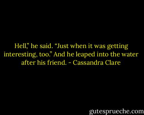 Hell,” he said. “Just when it was getting interesting, too.” And he leaped into the water after his friend. - Cassandra Clare