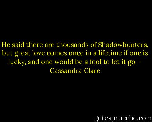 He said there are thousands of Shadowhunters, but great love comes once in a lifetime if one is lucky, and one would be a fool to let it go. - Cassandra Clare