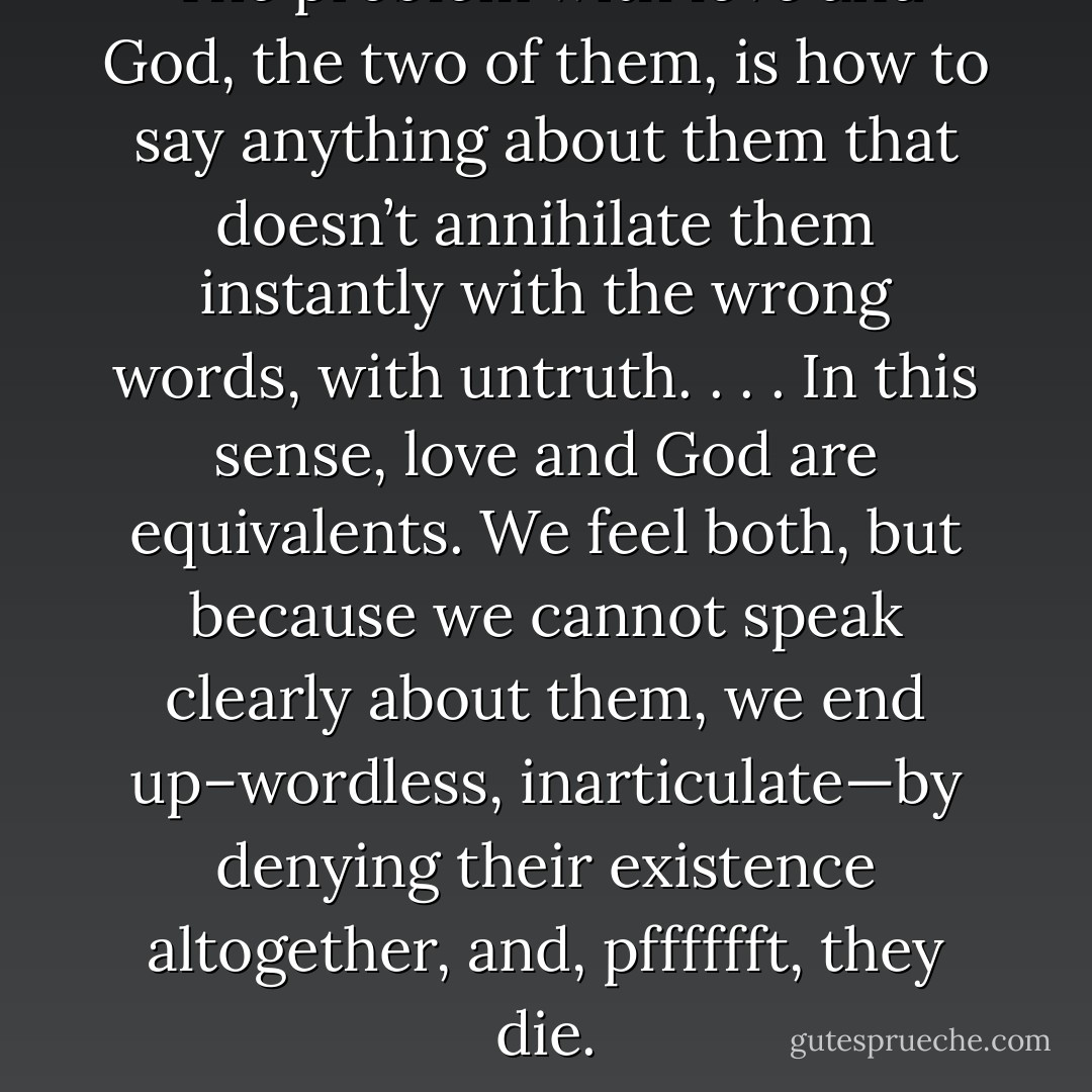 The problem with love and God, the two of them, is how to say anything about them that doesn’t annihilate them instantly with the wrong words, with untruth. . . . In this sense, love and God are equivalents. We feel both, but because we cannot speak clearly about them, we end up–wordless, inarticulate—by denying their existence altogether, and, pfffffft, they die. - Charles Baxter
