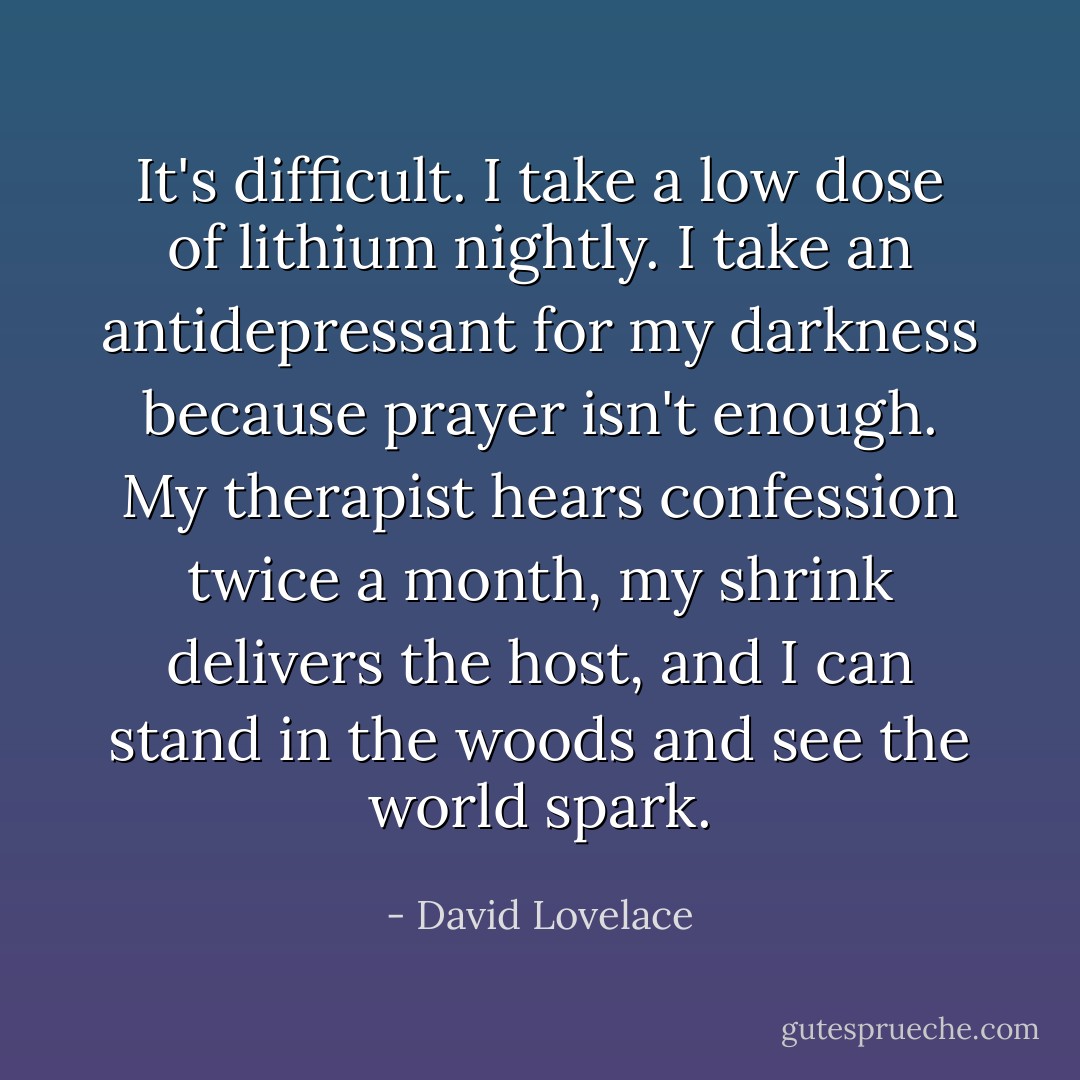 It's difficult. I take a low dose of lithium nightly. I take an antidepressant for my darkness because prayer isn't enough. My therapist hears confession twice a month, my shrink delivers the host, and I can stand in the woods and see the world spark. - David Lovelace