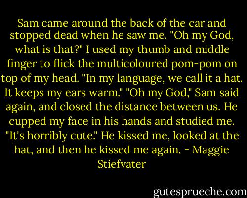 Sam came around the back of the car and stopped dead when he saw me. "Oh my God, what is that?"<br />I used my thumb and middle finger to flick the multicoloured pom-pom on top of my head. "In my language, we call it a hat. It keeps my ears warm."<br />"Oh my God," Sam said again, and closed the distance between us. He cupped my face in his hands and studied me. "It's horribly cute." He kissed me, looked at the hat, and then he kissed me again. - Maggie Stiefvater