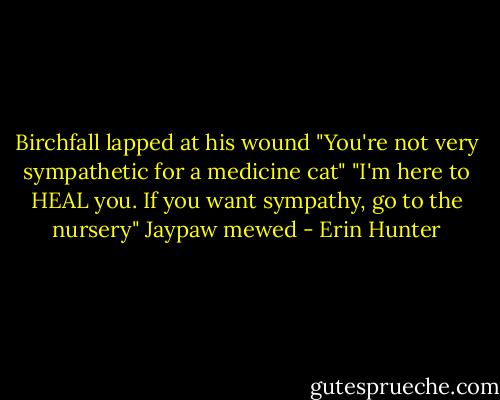Birchfall lapped at his wound "You're not very sympathetic for a medicine cat" "I'm here to HEAL you. If you want sympathy, go to the nursery" Jaypaw mewed - Erin Hunter