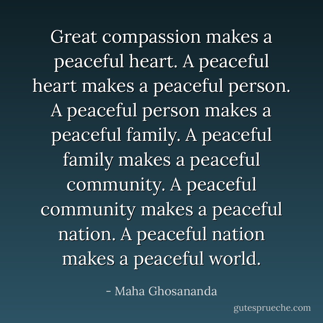 Great compassion makes a peaceful heart. A peaceful heart makes a peaceful person. A peaceful person makes a peaceful family. A peaceful family makes a peaceful community. A peaceful community makes a peaceful nation. A peaceful nation makes a peaceful world. - Maha Ghosananda