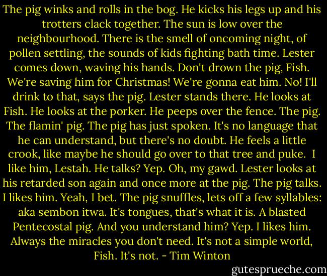 The pig winks and rolls in the bog. He kicks his legs up and his trotters clack together. The sun is low over the neighbourhood. There is the smell of oncoming night, of pollen settling, the sounds of kids fighting bath time. Lester comes down, waving his hands.<br />Don't drown the pig, Fish. We're saving him for Christmas! We're gonna eat him.<br />No!<br />I'll drink to that, says the pig.<br />Lester stands there. He looks at Fish. He looks at the porker. He peeps over the fence. The pig. The flamin' pig. The pig has just spoken. It's no language that he can understand, but there's no doubt. He feels a little crook, like maybe he should go over to that tree and puke. <br />I like him, Lestah.<br />He talks?<br />Yep.<br />Oh, my gawd.<br />Lester looks at his retarded son again and once more at the pig.<br />The pig talks.<br />I likes him.<br />Yeah, I bet.<br />The pig snuffles, lets off a few syllables: aka sembon itwa. It's tongues, that's what it is. A blasted Pentecostal pig.<br />And you understand him?<br />Yep. I likes him.<br />Always the miracles you don't need. It's not a simple world, Fish. It's not. - Tim Winton