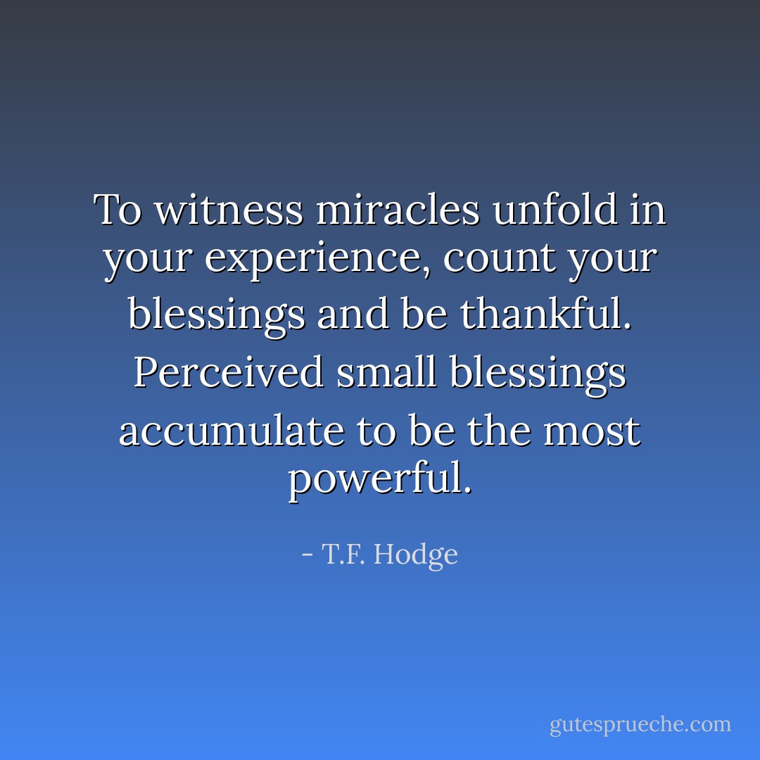 To witness miracles unfold in your experience, count your blessings and be thankful. Perceived small blessings accumulate to be the most powerful. - T.F. Hodge