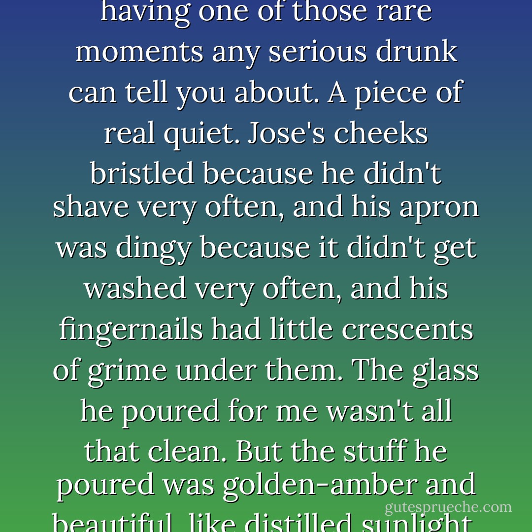 I was sitting at the bar of the Hegira that night when Ginny came in. The barkeep, an ancient sad-eyed patriarch named Jose, had just poured me another drink, and I was having one of those rare moments any serious drunk can tell you about. A piece of real quiet. Jose's cheeks bristled because he didn't shave very often, and his apron was dingy because it didn't get washed very often, and his fingernails had little crescents of grime under them. The glass he poured for me wasn't all that clean. But the stuff he poured was golden-amber and beautiful, like distilled sunlight, and it made the whole place soothing as sleep—which drunks know how to value because they don't get much of it. - Stephen R. Donaldson