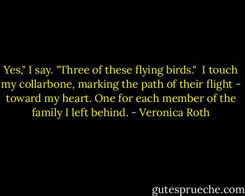 Yes," I say. "Three of these flying birds."<br /><br />I touch my collarbone, marking the path of their flight - toward my heart. One for each member of the family I left behind. - Veronica Roth