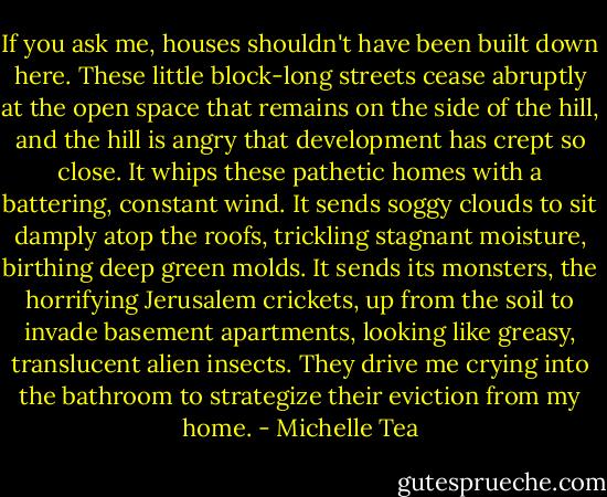 If you ask me, houses shouldn't have been built down here. These little block-long streets cease abruptly at the open space that remains on the side of the hill, and the hill is angry that development has crept so close. It whips these pathetic homes with a battering, constant wind. It sends soggy clouds to sit damply atop the roofs, trickling stagnant moisture, birthing deep green molds. It sends its monsters, the horrifying Jerusalem crickets, up from the soil to invade basement apartments, looking like greasy, translucent alien insects. They drive me crying into the bathroom to strategize their eviction from my home. - Michelle Tea