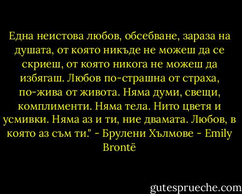 Една неистова любов, обсебване, зараза на душата, от която никъде не можеш да се скриеш, от която никога не можеш да избягаш. Любов по-страшна от страха, по-жива от живота. Няма думи, свещи, комплименти. Няма тела. Нито цветя и усмивки. Няма аз и ти, ние двамата. Любов, в която аз съм ти." - Брулени Хълмове - Emily Brontë