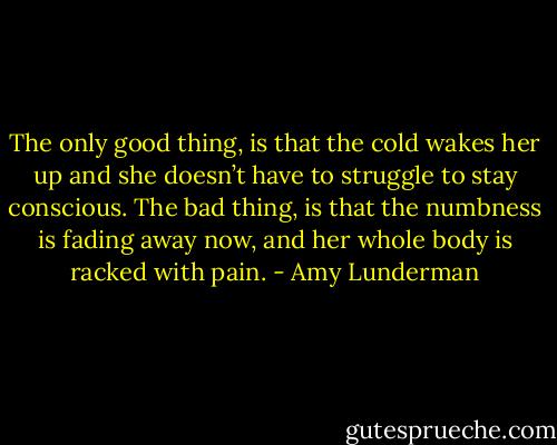 The only good thing, is that the cold wakes her up and she doesn’t have to struggle to stay conscious. The bad thing, is that the numbness is fading away now, and her whole body is racked with pain. - Amy Lunderman