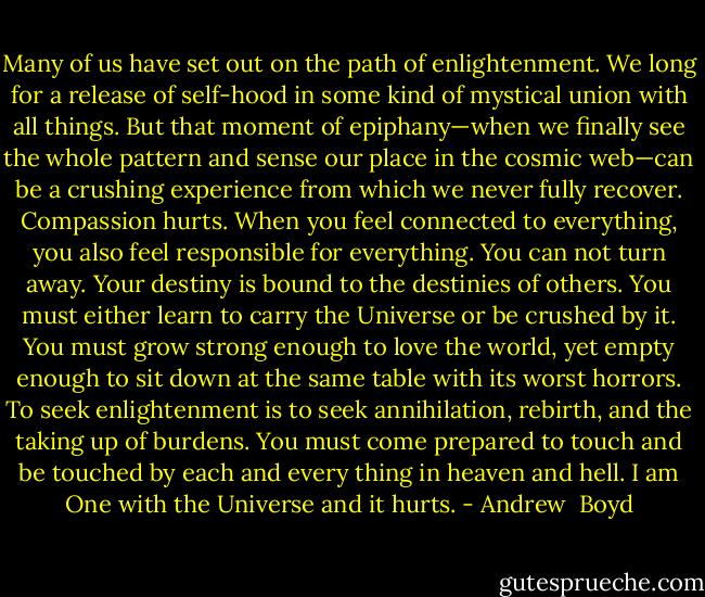 Many of us have set out on the path of enlightenment. We long for a release of self-hood in some kind of mystical union with all things. But that moment of epiphany—when we finally see the whole pattern and sense our place in the cosmic web—can be a crushing experience from which we never fully recover. Compassion hurts. When you feel connected to everything, you also feel responsible for everything. You can not turn away. Your destiny is bound to the destinies of others. You must either learn to carry the Universe or be crushed by it. You must grow strong enough to love the world, yet empty enough to sit down at the same table with its worst horrors. To seek enlightenment is to seek annihilation, rebirth, and the taking up of burdens. You must come prepared to touch and be touched by each and every thing in heaven and hell.<br />I am One with the Universe and it hurts. - Andrew  Boyd