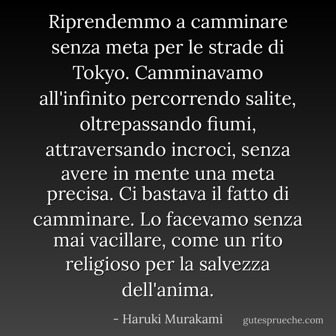 Riprendemmo a camminare senza meta per le strade di Tokyo. Camminavamo all'infinito percorrendo salite, oltrepassando fiumi, attraversando incroci, senza avere in mente una meta precisa. Ci bastava il fatto di camminare. Lo facevamo senza mai vacillare, come un rito religioso per la salvezza dell'anima. - Haruki Murakami