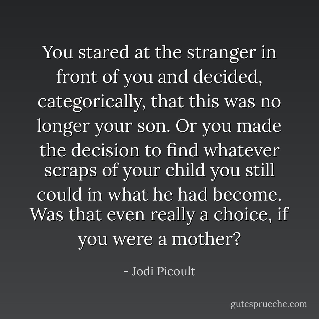 You stared at the stranger in front of you and decided,<br />categorically, that this was no longer your son. Or you made the decision to find whatever scraps of<br />your child you still could in what he had become.<br />Was that even really a choice, if you were a mother? - Jodi Picoult