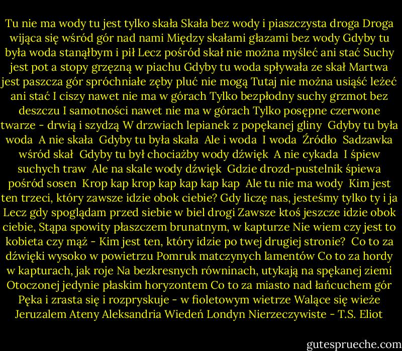 Tu nie ma wody tu jest tylko skała<br />Skała bez wody i piaszczysta droga<br />Droga wijąca się wśród gór nad nami<br />Między skałami głazami bez wody<br />Gdyby tu była woda stanąłbym i pił<br />Lecz pośród skał nie można myśleć ani stać<br />Suchy jest pot a stopy grzęzną w piachu<br />Gdyby tu woda spływała ze skał<br />Martwa jest paszcza gór spróchniałe zęby pluć nie mogą<br />Tutaj nie można usiąść leżeć ani stać<br />I ciszy nawet nie ma w górach<br />Tylko bezpłodny suchy grzmot bez deszczu<br />I samotności nawet nie ma w górach<br />Tylko posępne czerwone twarze - drwią i szydzą<br />W drzwiach lepianek z popękanej gliny<br /> Gdyby tu była woda<br /> A nie skała<br /> Gdyby tu była skała<br /> Ale i woda<br /> I woda<br /> Źródło<br /> Sadzawka wśród skał<br /> Gdyby tu był chociażby wody dźwięk<br /> A nie cykada<br /> I śpiew suchych traw<br /> Ale na skale wody dźwięk<br /> Gdzie drozd-pustelnik śpiewa pośród sosen<br /> Krop kap krop kap kap kap kap<br /> Ale tu nie ma wody<br /><br />Kim jest ten trzeci, który zawsze idzie obok ciebie?<br />Gdy liczę nas, jesteśmy tylko ty i ja<br />Lecz gdy spoglądam przed siebie w biel drogi<br />Zawsze ktoś jeszcze idzie obok ciebie,<br />Stąpa spowity płaszczem brunatnym, w kapturze<br />Nie wiem czy jest to kobieta czy mąż<br />- Kim jest ten, który idzie po twej drugiej stronie?<br /><br />Co to za dźwięki wysoko w powietrzu<br />Pomruk matczynych lamentów<br />Co to za hordy w kapturach, jak roje<br />Na bezkresnych równinach, utykają na spękanej ziemi<br />Otoczonej jedynie płaskim horyzontem<br />Co to za miasto nad łańcuchem gór<br />Pęka i zrasta się i rozpryskuje - w fioletowym wietrze<br />Walące się wieże<br />Jeruzalem Ateny Aleksandria<br />Wiedeń Londyn<br />Nierzeczywiste - T.S. Eliot