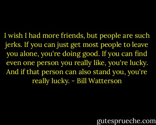 I wish I had more friends, but people are such jerks. If you can just get most people to leave you alone, you're doing good. If you can find even one person you really like, you're lucky. And if that person can also stand you, you're really lucky. - Bill Watterson