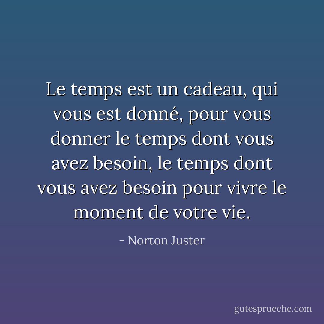 Le temps est un cadeau, qui vous est donné, pour vous donner le temps dont vous avez besoin, le temps dont vous avez besoin pour vivre le moment de votre vie. - Norton Juster