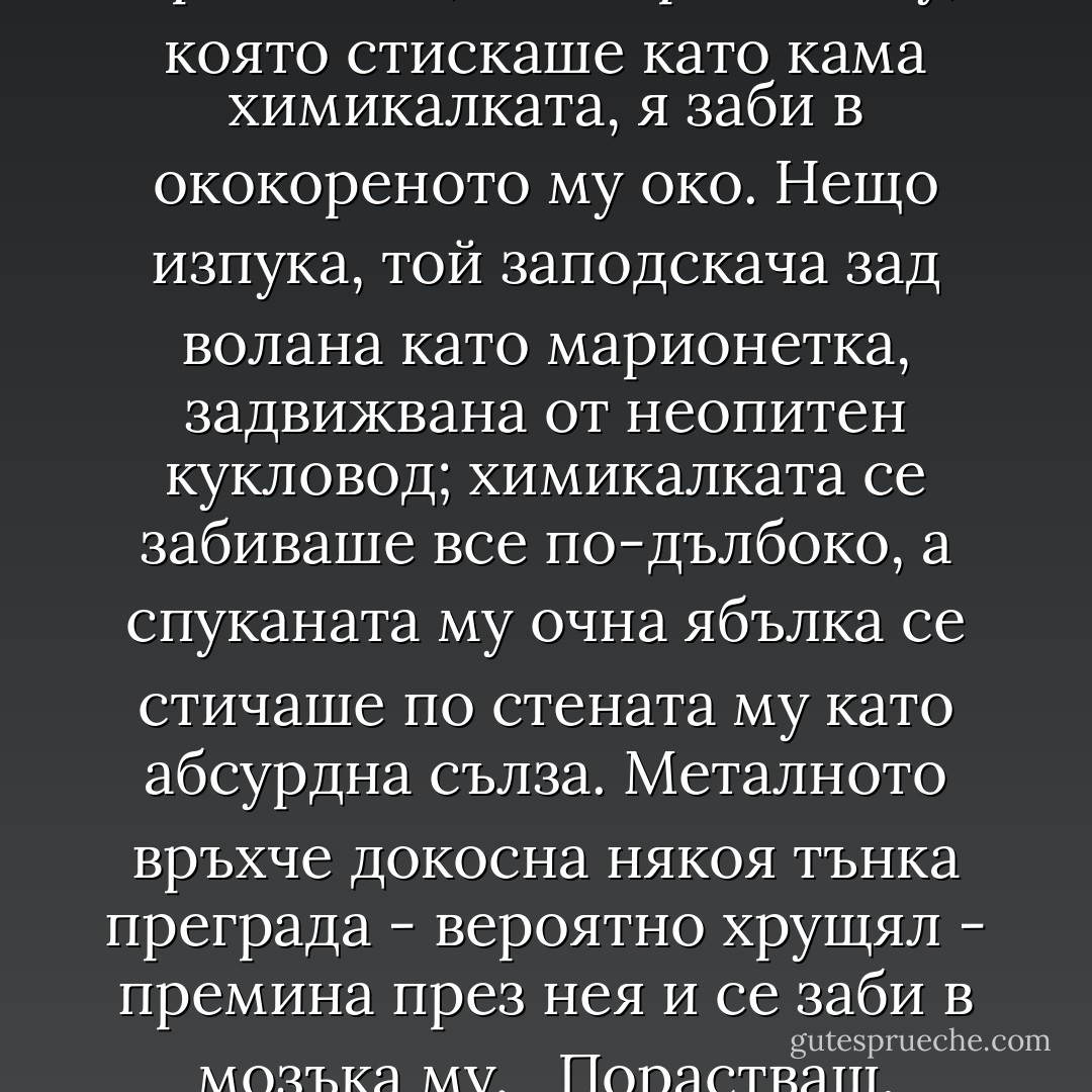 Здравей, мрак, стари мой приятелю.<br /><br /> Мечтите остаряват преди мечтателите.<br /><br /> — Не! - изкрещя, но беше прекалено късно. За частица от секундата зърна някакъв проблясък, сетне ръката му, която стискаше като кама химикалката, я заби в ококореното му око. Нещо изпука, той заподскача зад волана като марионетка, задвижвана от неопитен кукловод; химикалката се забиваше все по-дълбоко, а спуканата му очна ябълка се стичаше по стената му като абсурдна сълза. Металното връхче докосна някоя тънка преграда - вероятно хрущял - премина през нея и се заби в мозъка му.<br /><br /> Порастваш, ставаш мъж, свикваш да получаваш по-малко, отколкото си се надявал, и изведнъж откриваш, че на машината за мечти виси огромна табела с надпис "НЕ РАБОТИ". - Stephen King