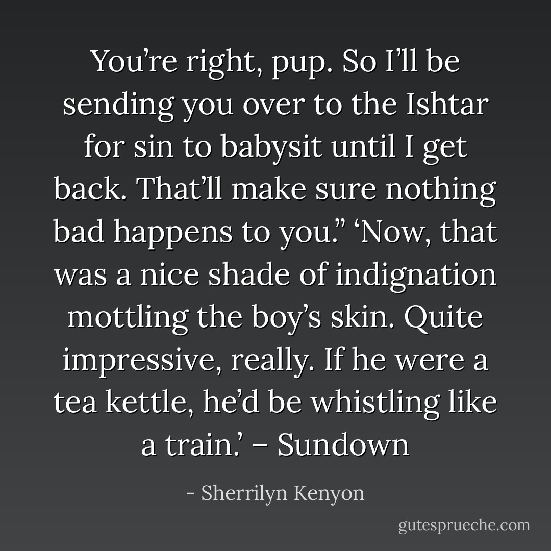 You’re right, pup. So I’ll be sending you over to the Ishtar for sin to babysit until I get back. That’ll make sure nothing bad happens to you.” ‘Now, that was a nice shade of indignation mottling the boy’s skin. Quite impressive, really. If he were a tea kettle, he’d be whistling like a train.’ – Sundown - Sherrilyn Kenyon