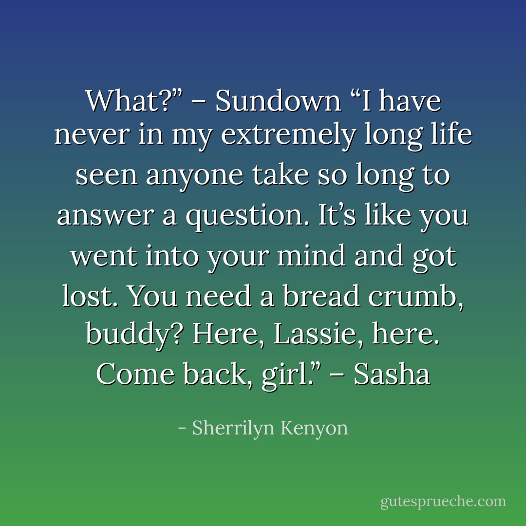 What?” – Sundown<br />“I have never in my extremely long life seen anyone take so long to answer a question. It’s like you went into your mind and got lost. You need a bread crumb, buddy? Here, Lassie, here. Come back, girl.” – Sasha - Sherrilyn Kenyon