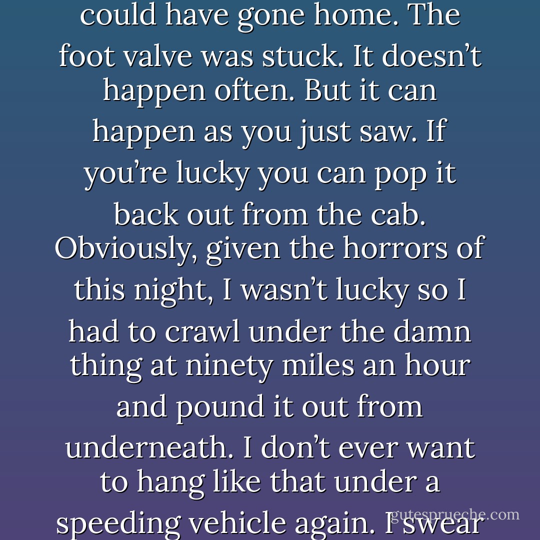 So Wolf, what did you do?” – Sundown<br />“You mean before or after I soiled my jeans? Which, by the way, I want kudos for coming back in the cab when I could have gone home. The foot valve was stuck. It doesn’t happen often. But it can happen as you just saw. If you’re lucky you can pop it back out from the cab. Obviously, given the horrors of this night, I wasn’t lucky so I had to crawl under the damn thing at ninety miles an hour and pound it out from underneath. I don’t ever want to hang like that under a speeding vehicle again. I swear I just lost eight of my nine lives.” – Sasha <br />“What is it with you the cat analogies?” – Sundown - Sherrilyn Kenyon