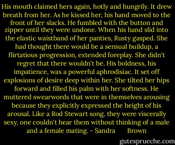 His mouth claimed hers again, hotly and hungrily. It drew breath from her. As he kissed her, his hand moved to the front of her slacks. He fumbled with the button and zipper until they were undone. When his hand slid into the elastic waistband of her panties, Rusty gasped. She had thought there would be a sensual buildup, a flirtatious progression, extended foreplay.<br />She didn't regret that there wouldn't be. His boldness, his impatience, was a powerful aphrodisiac. It set off explosions of desire deep within her. She tilted her hips forward and filled his palm with her softness.<br />He muttered swearwords that were in themselves arousing because they explicitly expressed the height of his arousal.<br />Like a Rod Stewart song, they were viscerally sexy, one couldn't hear them without thinking of a male and a female mating. - Sandra       Brown
