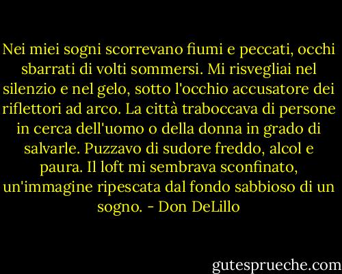 Nei miei sogni scorrevano fiumi e peccati, occhi sbarrati di volti sommersi. Mi risvegliai nel silenzio e nel gelo, sotto l'occhio accusatore dei riflettori ad arco. La città traboccava di persone in cerca dell'uomo o della donna in grado di salvarle. Puzzavo di sudore freddo, alcol e paura. Il loft mi sembrava sconfinato, un'immagine ripescata dal fondo sabbioso di un sogno. - Don DeLillo