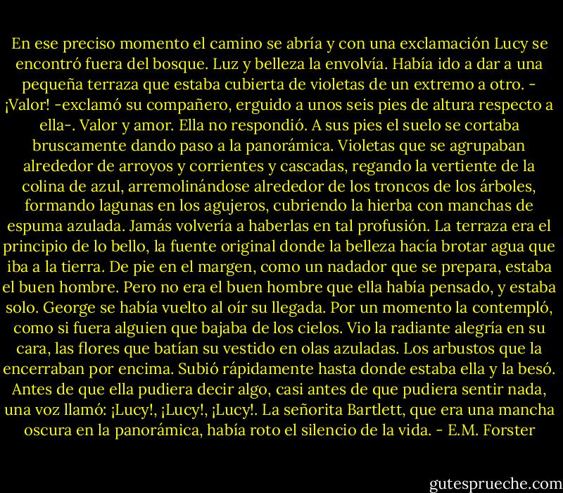 En ese preciso momento el camino se abría y con una exclamación Lucy se encontró fuera del bosque. Luz y belleza la envolvía. Había ido a dar a una pequeña terraza que estaba cubierta de violetas de un extremo a otro.<br />- ¡Valor! -exclamó su compañero, erguido a unos seis pies de altura respecto a ella-. Valor y amor.<br />Ella no respondió. A sus pies el suelo se cortaba bruscamente dando paso a la panorámica. Violetas que se agrupaban alrededor de arroyos y corrientes y cascadas, regando la vertiente de la colina de azul, arremolinándose alrededor de los troncos de los árboles, formando lagunas en los agujeros, cubriendo la hierba con manchas de espuma azulada. Jamás volvería a haberlas en tal profusión. La terraza era el principio de lo bello, la fuente original donde la belleza hacía brotar agua que iba a la tierra.<br />De pie en el margen, como un nadador que se prepara, estaba el buen hombre. Pero no era el buen hombre que ella había pensado, y estaba solo.<br />George se había vuelto al oír su llegada. Por un momento la contempló, como si fuera alguien que bajaba de los cielos. Vio la radiante alegría en su cara, las flores que batían su vestido en olas azuladas. Los arbustos que la encerraban por encima. Subió rápidamente hasta donde estaba ella y la besó.<br />Antes de que ella pudiera decir algo, casi antes de que pudiera sentir nada, una voz llamó: ¡Lucy!, ¡Lucy!, ¡Lucy!. La señorita Bartlett, que era una mancha oscura en la panorámica, había roto el silencio de la vida. - E.M. Forster