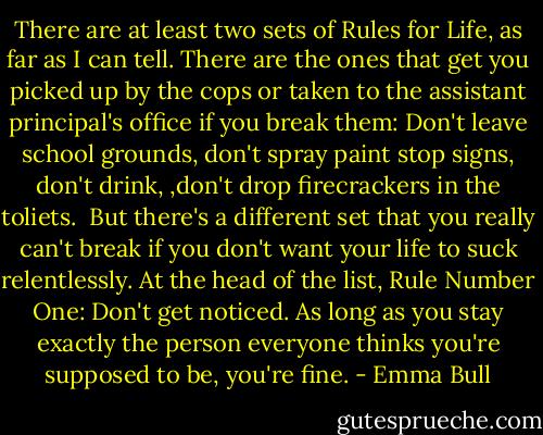 There are at least two sets of Rules for Life, as far as I can tell. There are the ones that get you picked up by the cops or taken to the assistant principal's office if you break them: Don't leave school grounds, don't spray paint stop signs, don't drink, ,don't drop firecrackers in the toliets.<br /><br />But there's a different set that you really can't break if you don't want your life to suck relentlessly. At the head of the list, Rule Number One: Don't get noticed. As long as you stay exactly the person everyone thinks you're supposed to be, you're fine. - Emma Bull