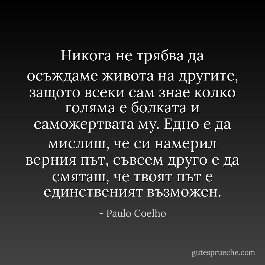 Никога не трябва да осъждаме живота на другите, защото всеки сам знае колко голяма е болката и саможертвата му. Едно е да мислиш, че си намерил верния път, съвсем друго е да смяташ, че твоят път е единственият възможен. - Paulo Coelho