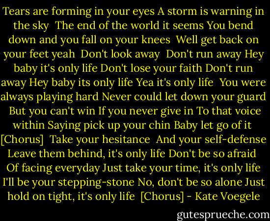 Tears are forming in your eyes<br />A storm is warning in the sky<br /><br />The end of the world it seems<br />You bend down and you fall on your knees <br />Well get back on your feet yeah<br /><br />Don't look away <br />Don't run away<br />Hey baby it's only life<br />Don't lose your faith<br />Don't run away<br />Hey baby its only life<br />Yea it's only life<br /><br />You were always playing hard<br />Never could let down your guard<br /><br />But you can't win<br />If you never give in<br />To that voice within<br />Saying pick up your chin<br />Baby let go of it<br /><br />[Chorus]<br /><br />Take your hesitance <br />And your self-defense<br />Leave them behind, it's only life<br />Don't be so afraid <br />Of facing everyday<br />Just take your time, it's only life<br />I'll be your stepping-stone<br />No, don't be so alone<br />Just hold on tight, it's only life<br /><br />[Chorus] - Kate Voegele