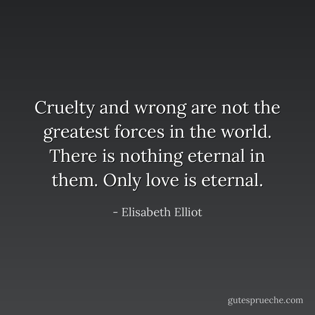 Cruelty and wrong are not the greatest forces in the world. There is nothing eternal in them. Only love is eternal. - Elisabeth Elliot