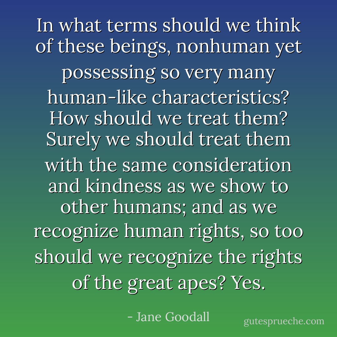 In what terms should we think of these beings, nonhuman yet possessing so very many human-like characteristics? How should we treat them? Surely we should treat them with the same consideration and kindness as we show to other humans; and as we recognize human rights, so too should we recognize the rights of the great apes? Yes. - Jane Goodall