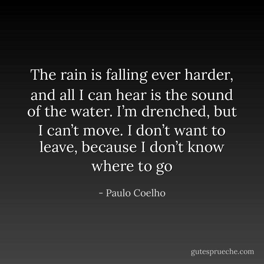 The rain is falling ever harder, and<br />all I can hear is the sound of the water.<br />I’m drenched, but I can’t move. I don’t<br />want to leave, because I don’t know where to go - Paulo Coelho