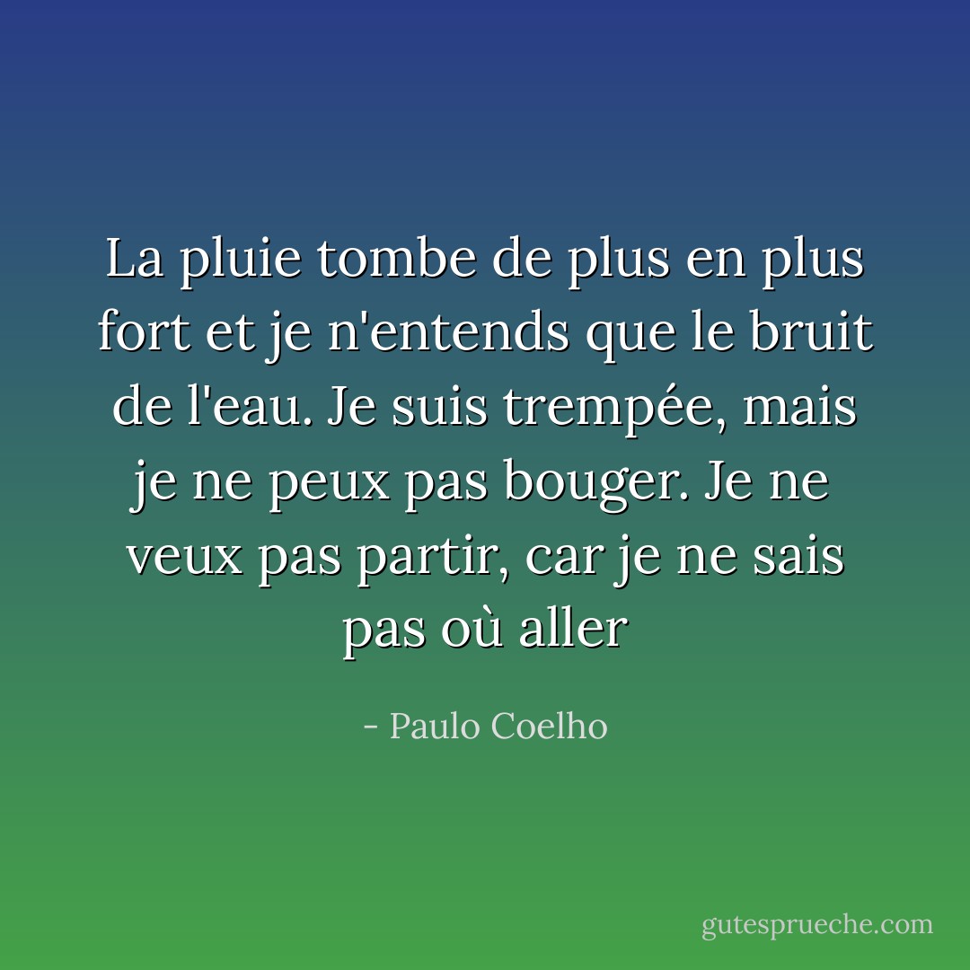 La pluie tombe de plus en plus fort et je n'entends que le bruit de l'eau.<br />Je suis trempée, mais je ne peux pas bouger. Je ne<br />veux pas partir, car je ne sais pas où aller - Paulo Coelho