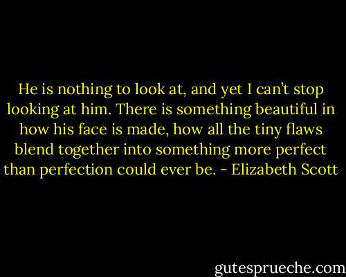He is nothing to look at, and yet I can’t stop looking at him. There is something beautiful in how his face is made, how all the tiny flaws blend together into something more perfect than perfection could ever be. - Elizabeth Scott