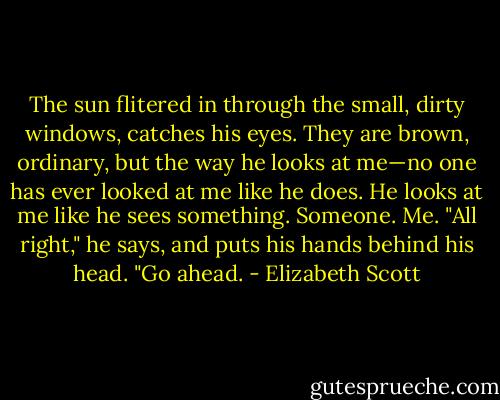 The sun flitered in through the small, dirty windows, catches his eyes. They are brown, ordinary, but the way he looks at me—no one has ever looked at me like he does. He looks at me like he sees something. Someone.<br />Me.<br />"All right," he says, and puts his hands behind his head.<br />"Go ahead. - Elizabeth Scott