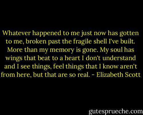 Whatever happened to me just now has gotten to me, broken past the fragile shell I've built. More than my memory is gone. My soul has wings that beat to a heart I don't understand and I see things, feel things that I know aren't from here, but that are so real. - Elizabeth Scott
