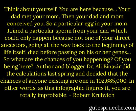 Think about yourself.<br />You are here because...<br />Your dad met your mom.<br />Then your dad and mom conceived you.<br />So a particular egg in your mom<br />Joined a particular sperm from your dad<br />Which could only happen because not one of your direct ancestors, going all the way back to the beginning of life itself, died before passing on his or her genes...<br />So what are the chances of you happening?<br />Of you being here?<br /><br />Author and blogger Dr. Ali Binazir did the calculations last spring and decided that the chances of anyone existing are one in 102,685,000. In other words, as this infographic figures it, you are totally improbable. - Robert Krulwich
